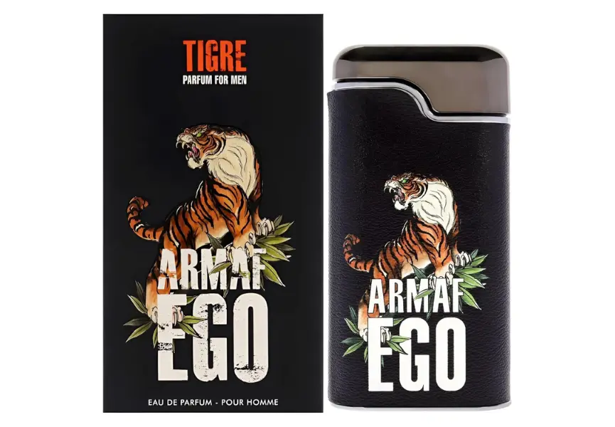 Armaf Ego Tigre 1 Armaf Ego Tigre: Perfume Armaf Ego Tigre para hombres, con una botella negra decorada con un tigre en el frontal. El diseño de la caja presenta un fondo oscuro con la imagen del tigre, ofreciendo un toque salvaje y elegante.