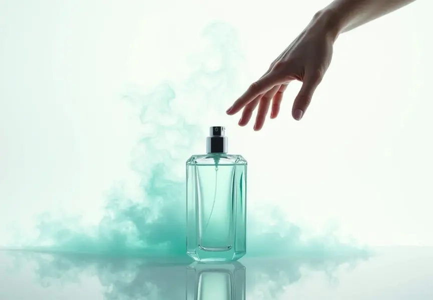 Cómo puedo evitar que mi perfume se evapore:
Frasco de perfume turquesa emitiendo vapor, con una mano acercándose sobre fondo claro.