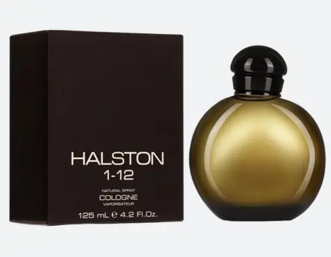Consejos para elegir y disfrutar tu perfume 21 Eau de Cologne (EDC): Frasco redondo y elegante de perfume Halston 1-12 en tono ámbar con tapa negra. Caja oscura con tipografía blanca minimalista.