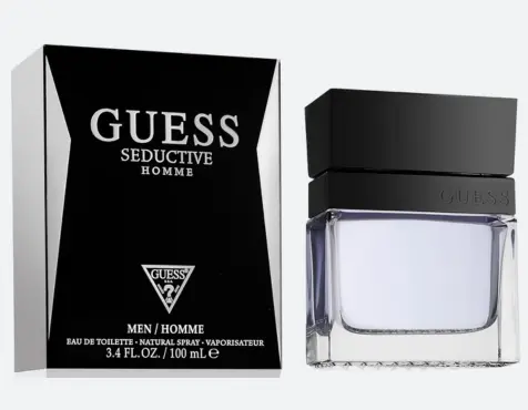 Consejos para elegir y disfrutar tu perfume 20 Eau de Toilette (EDT):
Perfume Guess Seductive Homme con frasco transparente y tapa negra. Caja elegante en negro con letras blancas.