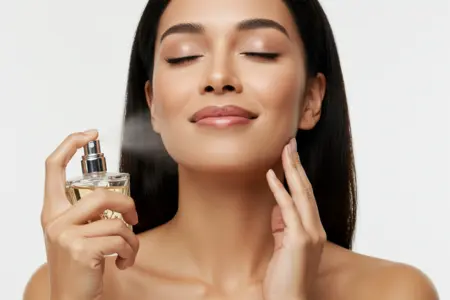Cómo Alargar la Duración del Perfume en Piel 3 La Base para una Fragancia Duradera: Mujer con los ojos cerrados aplicando perfume en el cuello con expresión relajada y fondo claro.