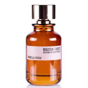 🌈 Vanilla Park de Maison Tahité 8 Vanilla Park: Frasco ámbar con tapa metálica y etiqueta blanca minimalista, estilo elegante y limpio.