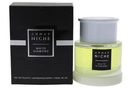 Armaf White Diamond 10 White Diamond de Armaf: Botella moderna de vidrio amarillo pálido con tapa blanca, diseño sobrio y lujoso.
