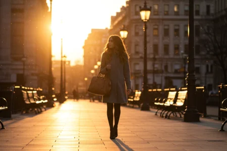 Cómo adaptar tu perfume diario a eventos inesperados 5 Adaptar tu perfume diario: Mujer caminando con abrigo y bolso en una ciudad al atardecer, iluminada por la luz dorada, evocando elegancia y preparación para cualquier evento.