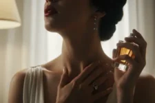 Aplicar perfume para eventos nocturnos: Mujer elegante aplica perfume en el cuello, con vestido blanco y fondo cálido de interior.