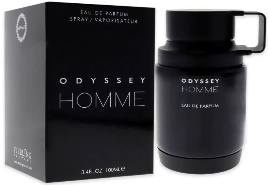 Odyssey Homme 1 Armaf odyssey homme.webp:
Frasco negro mate con forma cilíndrica y tapón moderno. Caja a juego con texto blanco minimalista.