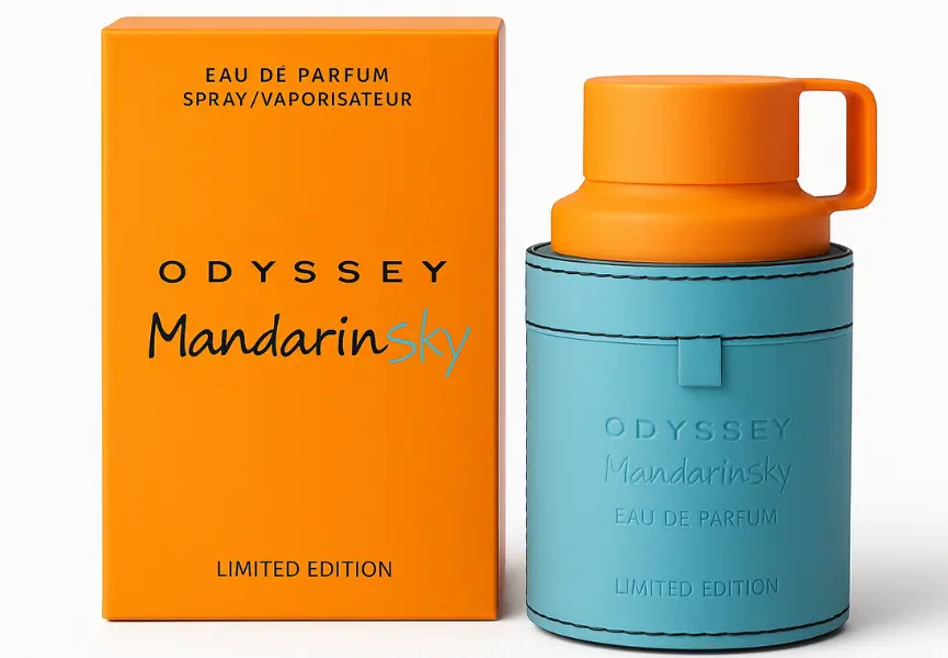 Odyssey Mandarin Sky 1 armaf odyssey mandarin sky: Frasco azul mate con tapa naranja y caja naranja. Diseño llamativo con tipografía negra y azul.