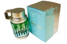 odyssey aqua edition: Perfume con envase moderno y tapa metálica, caja turquesa con gráficos fluidos.