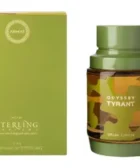 Odyssey tyrant special edition: Perfume con frasco ámbar y diseño de camuflaje, acompañado de caja verde con detalles militares.