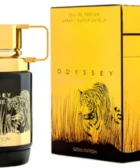 odyssey wild one gold edition: Botella negra con tapa metálica dorada y motivo de tigre dorado, caja con mismo diseño.