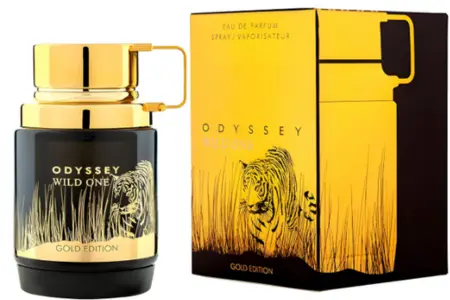 Armaf Odyssey Wild One Gold Edition 13 odyssey wild one gold edition: Botella negra con tapa metálica dorada y motivo de tigre dorado, caja con mismo diseño.