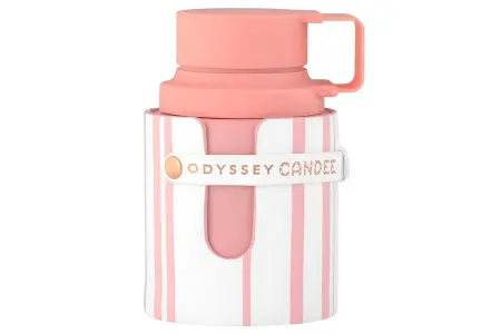 Armaf Odyssey Candee 2 perfume odyssey candee: Frasco con rayas blancas y rosadas, tapa coral y banda frontal con el nombre. Diseño dulce y juvenil.