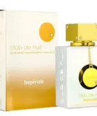 Armaf club de nuit imperiale: Frasco blanco con tapa dorada decorada con cristales, caja clara con efecto perlado y texto metálico.